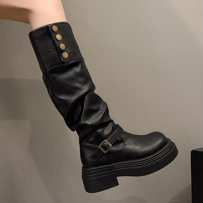 Black Tall Boots Summer Thick-soled Boots Women's 2025 New Thin and Tall Small Thick-legged Knight Boots