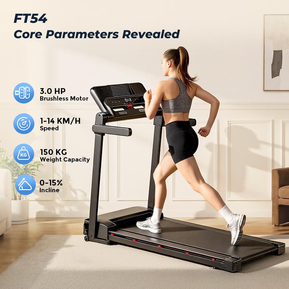 Walking Pad FT54 3 HP Peak Motor Power 1–14 km/h Speed 0–15 Levels Incline with App Compatibility