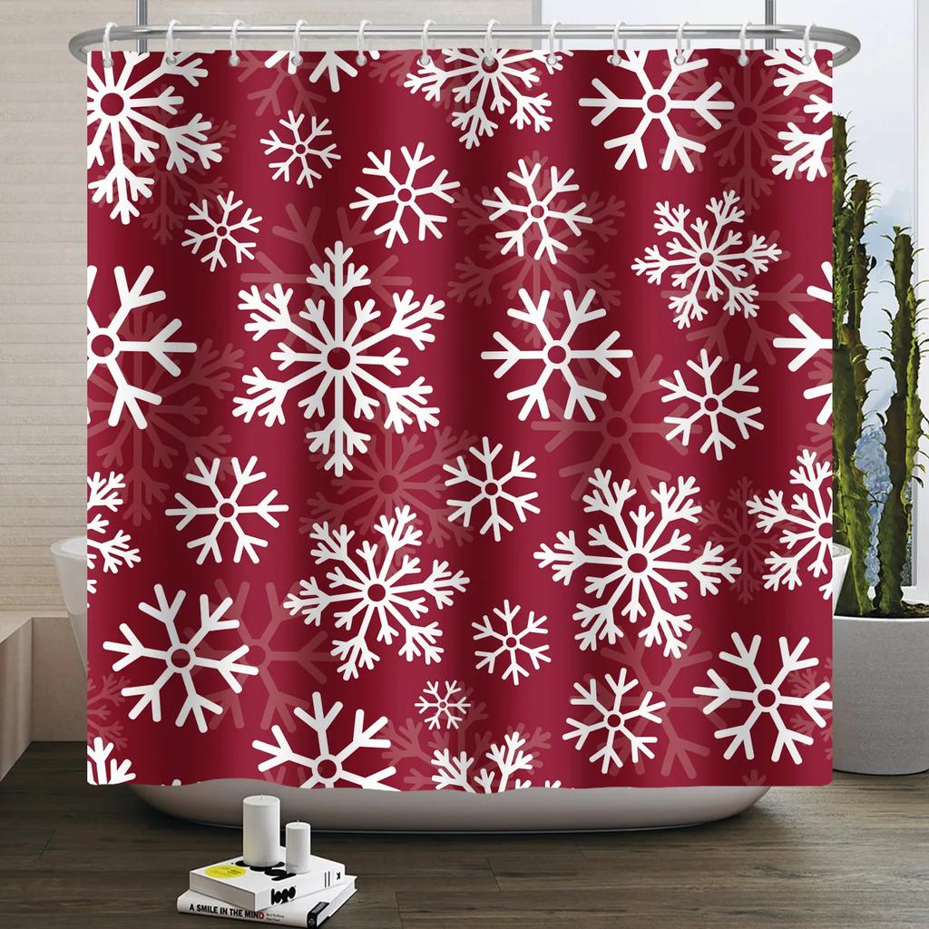 Christmas Shower Curtain Snowflake Snowman Winter Forest Bathroom Bathtub Decoration Waterproof Fabric With Hooks
