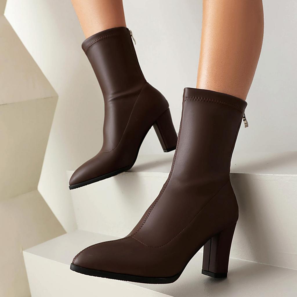 34-48 Skinny Boots Autumn and Winter Short Boots Elastic Legs Long Temperament Pointed French Heightening Thick Heel Elegant