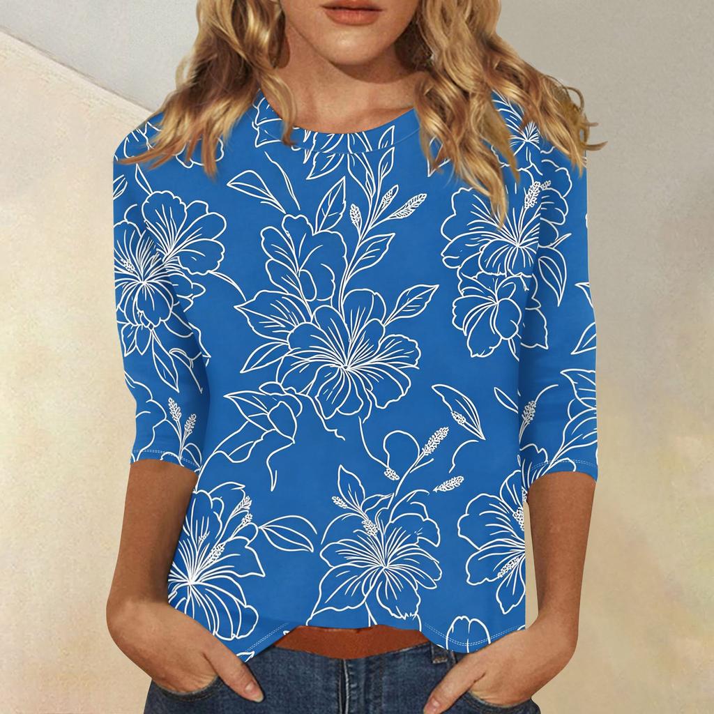 Women's Casual Floral Print Three Quarter Sleeve Top Round Neck Lightweight Comfortable Fit for Everyday Wear