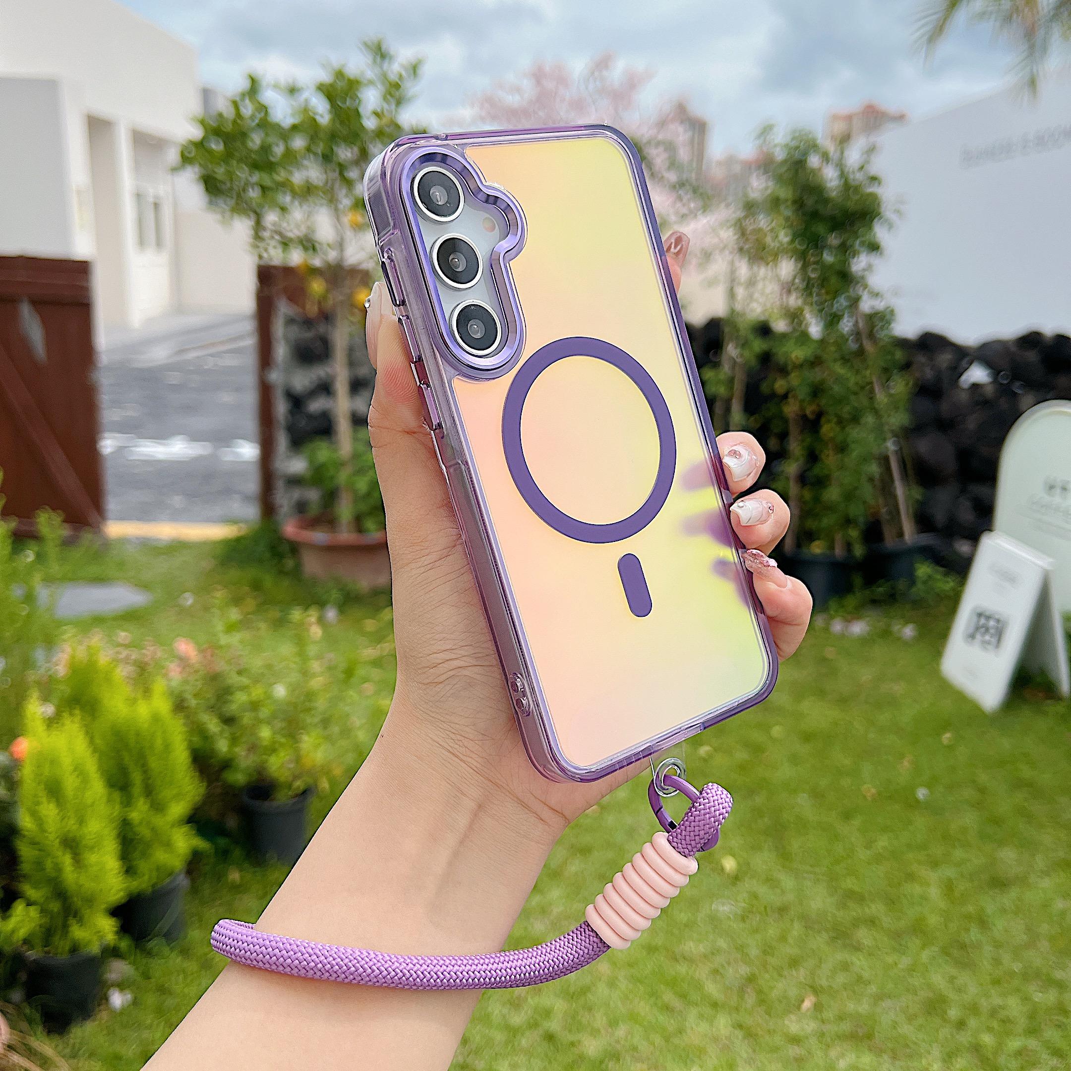Coque de téléphone avec cordon magnétique à dégradé laser tendance pour Samsung S26 S25 S24 S23 Ultra Plus S25FE S25edge A57 A37 A27 A56 A36 A26 Case & Strap&Galaxy S24 violet