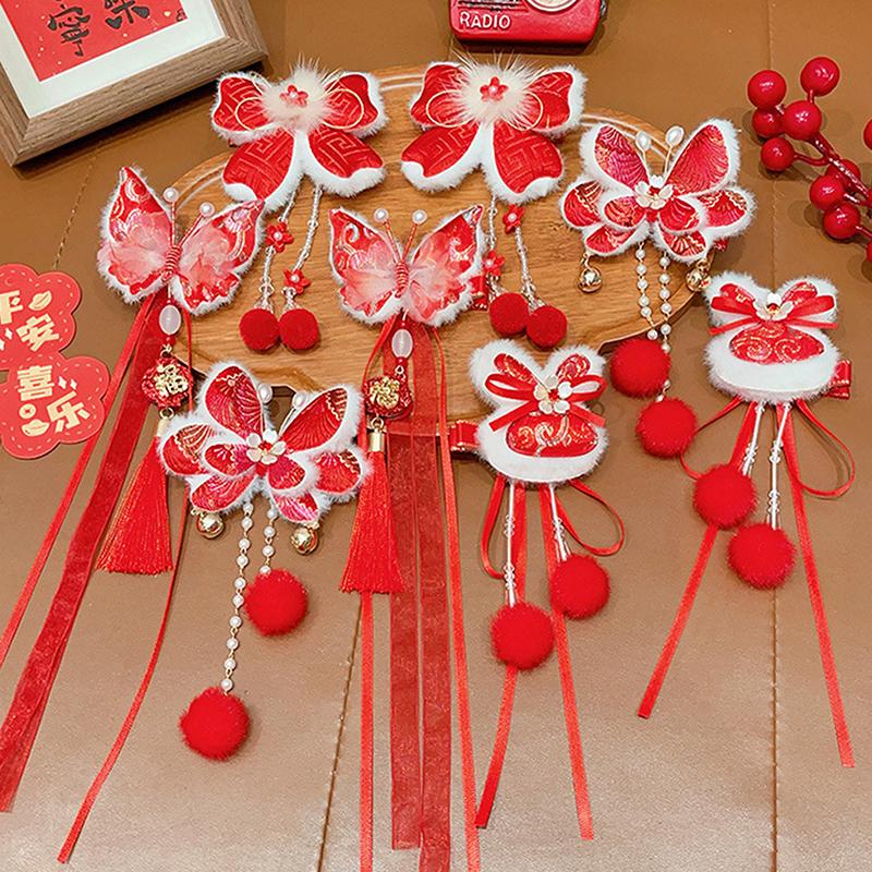 1pár děti rok Červená mašle Sponky do vlasů Kawaii Vlasové doplňky Motýlí střapce Spona do vlasů Všestranná spona do vlasů ve starověkém stylu