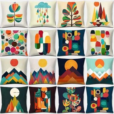 Abstract Colorful Wildflower Mountain Geometric Square Peach Skin Pillowcase Home Decoration Car Sofa Cushion Cover