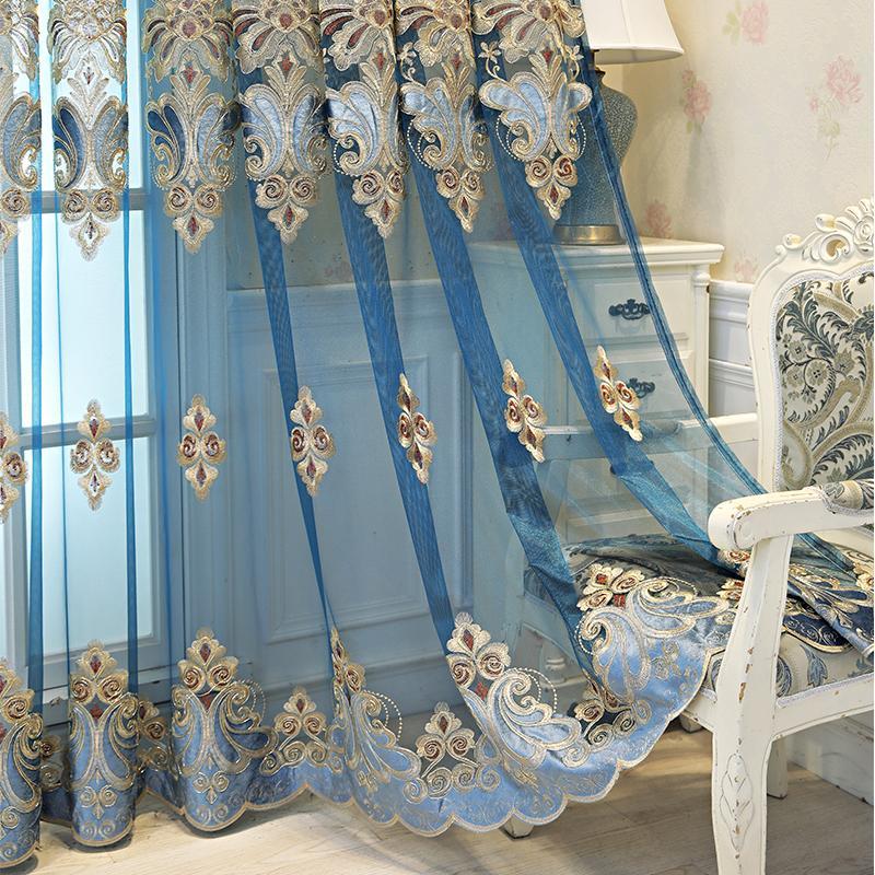 European-style Embroidered Blue Roman Embroidered Sheer Curtain for Living Room, Bedroom, Room Decoration Curtain Gauze Curtain Home Decor