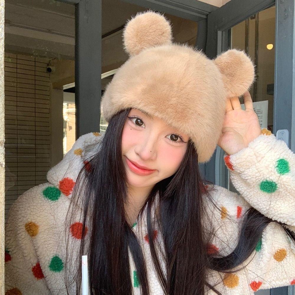 Warm Faux Fur Hat Fluffy Women's Beanie Hats Lovely Bear Ear Hat Girls