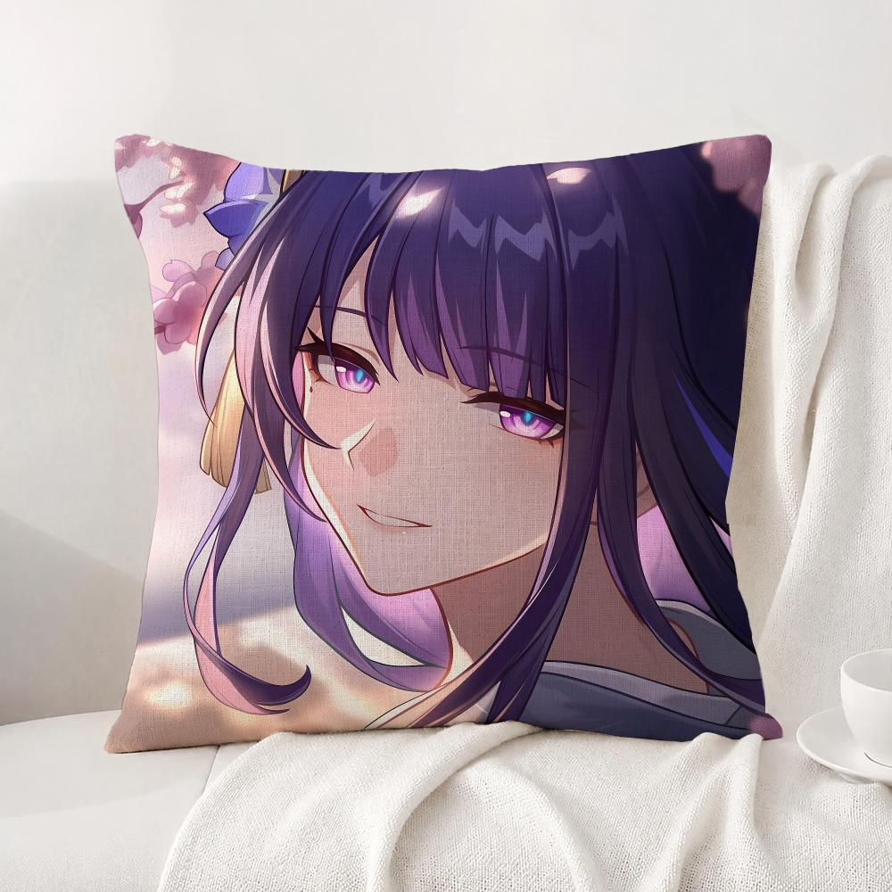 Genshin Impact Raiden Shogun Cushion Cover Natural Linen Pillowcase Set AllinOne Decor Cushion Cover for Sofa Bedroom Chair
