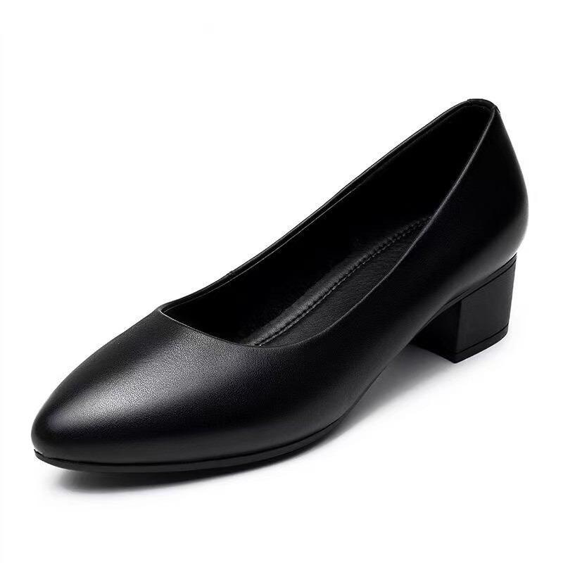 Leather Shoes Work Shoes Soft Leather Comfortable Spring New Black High Heel Thick Heel Soft Sole Single Shoes Women