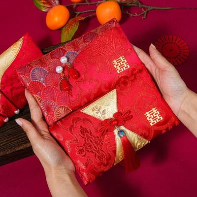 Exquisite Blessing Words Brocade Red Envelop Best Wishes Button Wedding Hongbao Embroidery Tassel Red Pockets Spring Festival