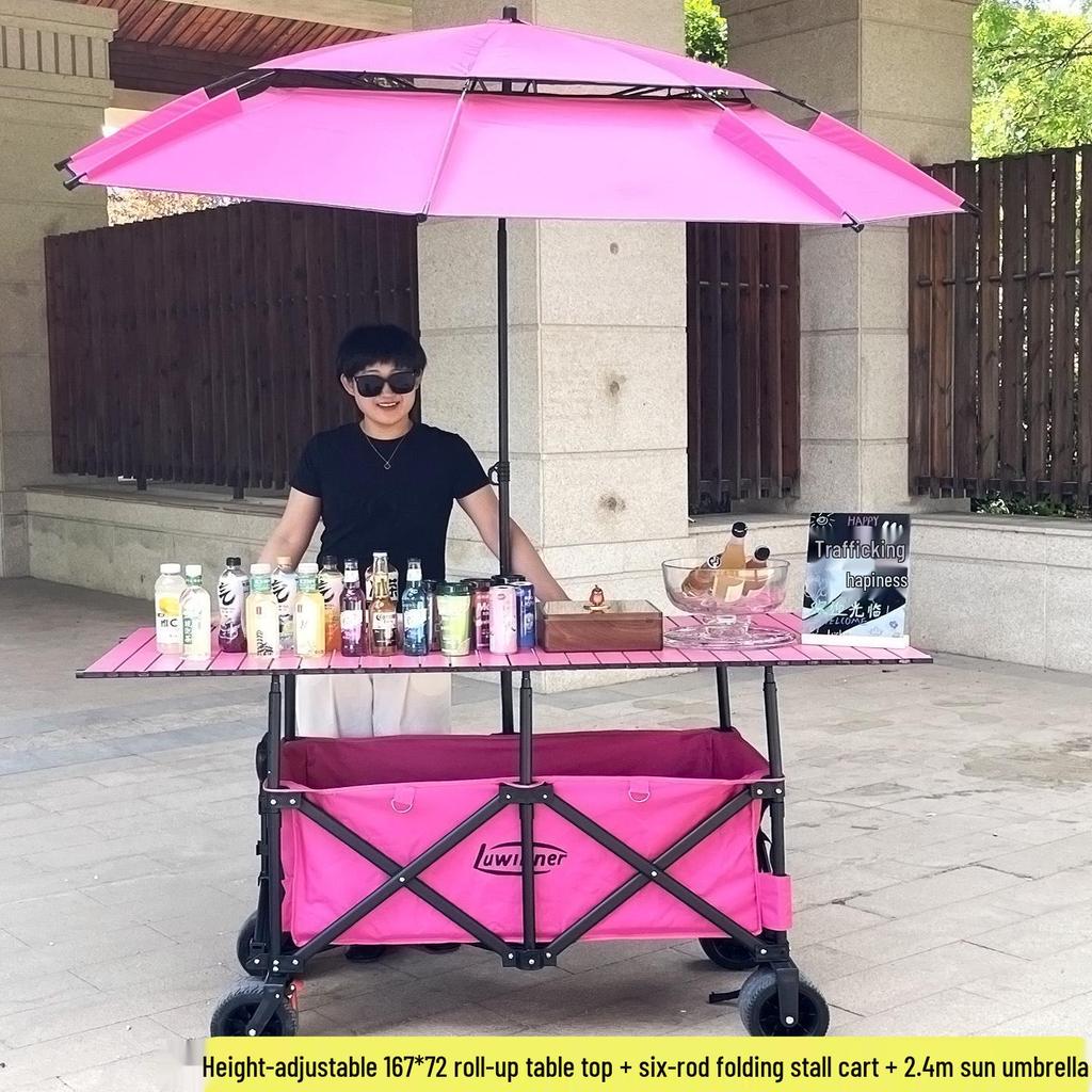 Adjustable Folding Handcart with Umbrella, Elevated Canopy & Table Top for Street Stalls or Camping.