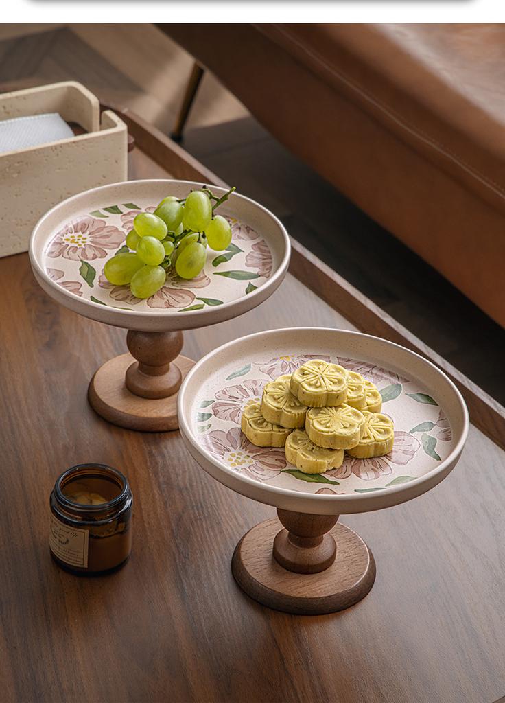 BRWooden Pallet High-sided Cake Plate Porcelain Plate Pink Flowers Fruit Tray Retro Desktop Storage Tray  Kitchen OrganizerEY
