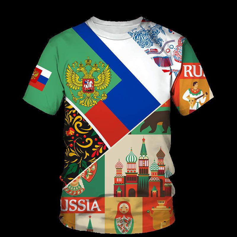 2025 new hot-selling Russian 3D short-sleeved T-shirt casual loose round neck Russian flag short-sleeved top T