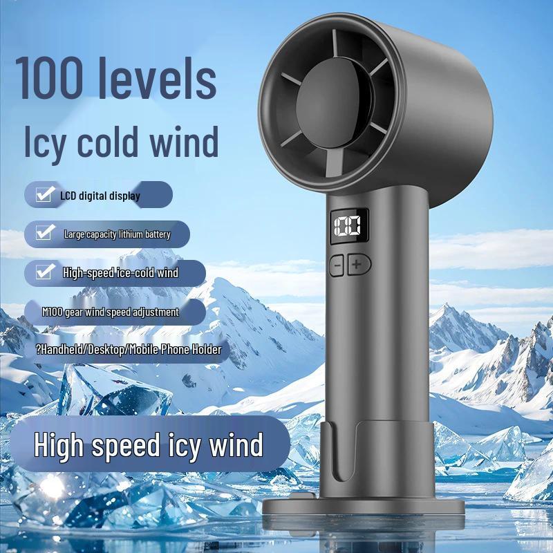 

USB Handheld Fan with 100-Speed Digital Display for Outdoor Use – High-Speed Turbine Small Fan for Students Rechargeable Version серый