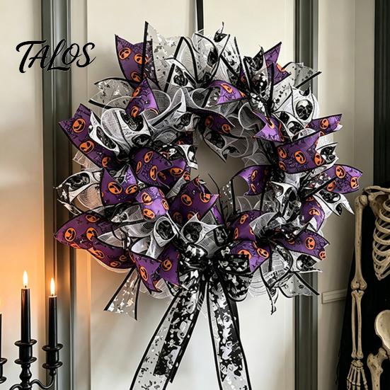 Halloween Decor Mesh Ribbon Wreath for Front Door, Spooky Skull Pumpkin with Hook Bow, Purple Black Stripe Decorative Garland Doors Walls Windows Wall