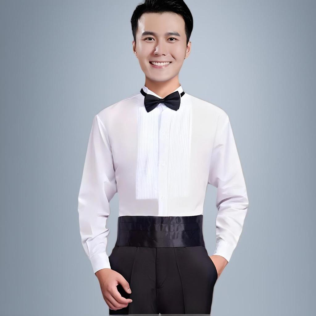 Men's Long Sleeve White Ruffled Dress Shirt for Weddings & Stage Performances