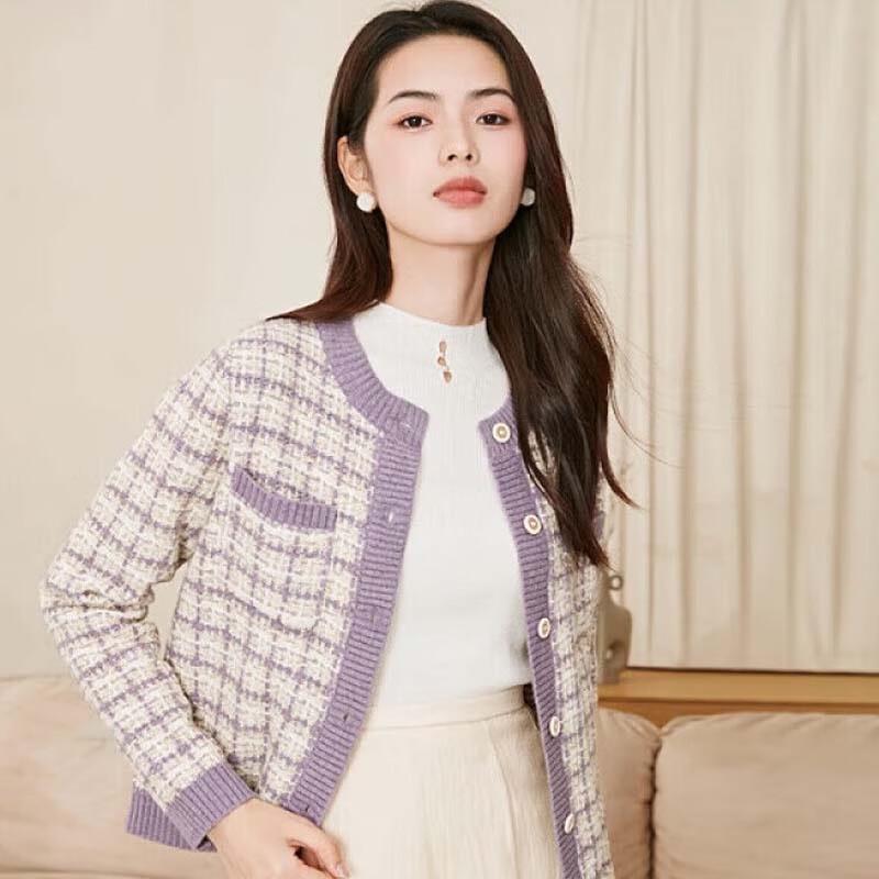 JESSIE Elegant Plaid Color-block Cardigan