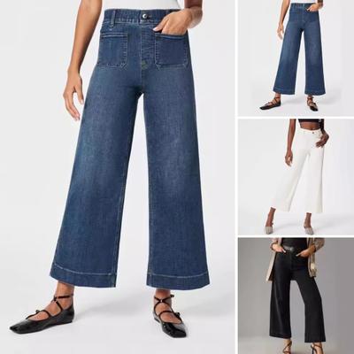 Jean pour femme avec poches Taille haute élastique Jambe droite large Couleur unie