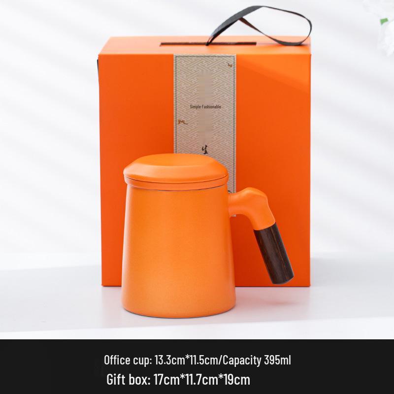 Ceramic Tea Brewing Mug with Wooden Handle, Lid, and Filter - Large Capacity Office Souvenir Cup