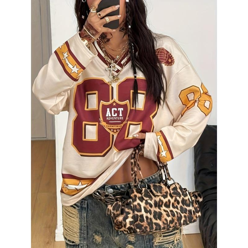 Women'S Personality Loose Fitting Long-Sleeve T-Shirt V-Neck Casual Street Style Print Autumn Winter Comfortable Exercise Tshirt