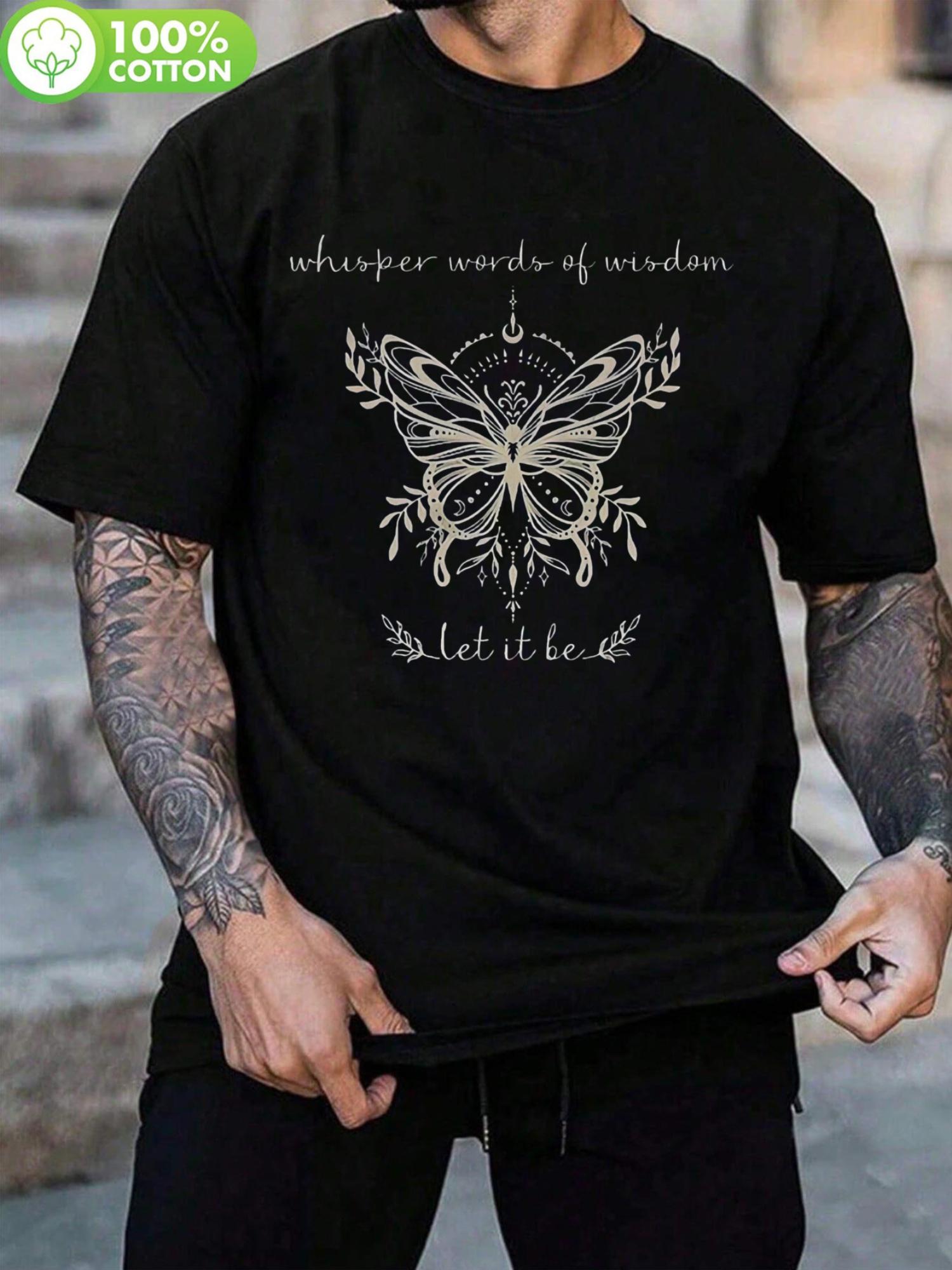 WoBlack Butterfly & Floral Print Crew Neck T-shirt with Inspirational Quote - Soft Stretch Knit Fabric XXXXL