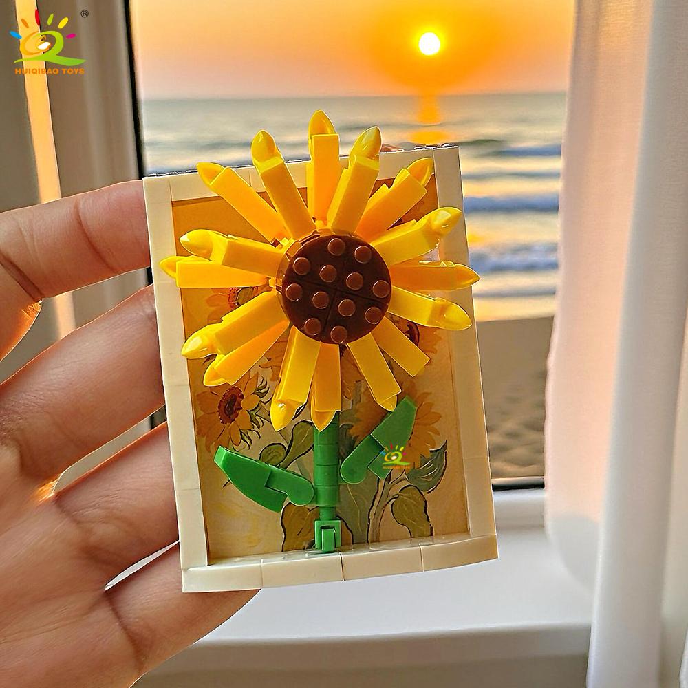 MOC Flower Po Frame Model Micro Building Block Sunflower Rose Mini Diamond Brick Toy for Children Desk Decor.