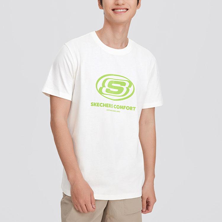 Skechers Breathable Quick-Dry Letter Print Sports Crew Neck Casual Short Sleeve T-Shirt Unisex Tops Cotton-Candy-White L224U064-0074