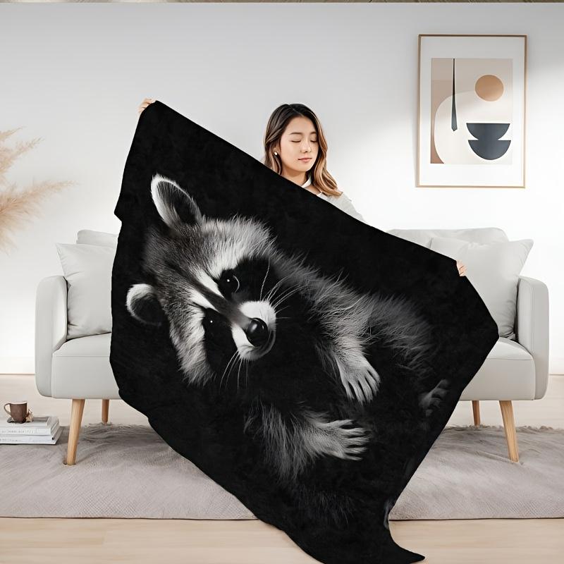 Raccoon Portrait Flannel Throw Blanket Black Background Wildlife Animal Print Soft Cozy Blanket for Sofa Bedroom Home Decor