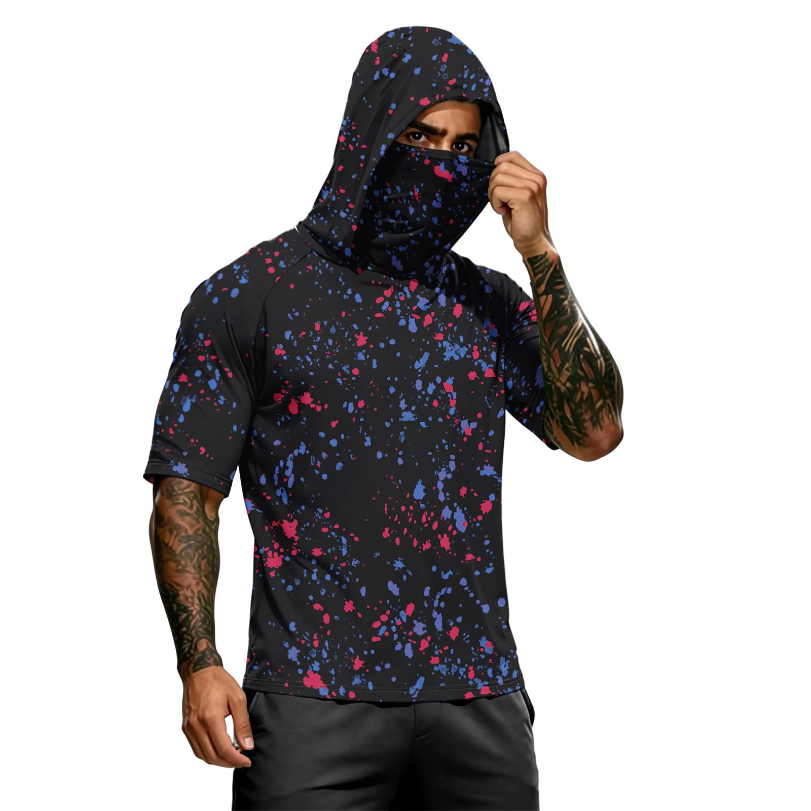 Men s summer camouflage gradient drying short-sleeved T-shirt, sun clothing, fishing, fitness, sports, hooded short-sleeved shirt M чёрный