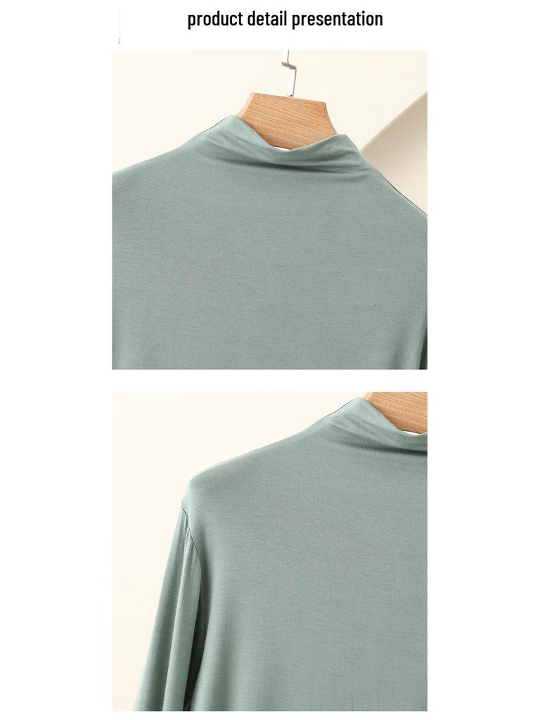 Women's Modal Black Semi-High Neck Slimming Long Sleeve T-Shirt for Autumn Winter Wear