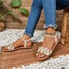 Women's Elegant Floral Embellished Slip-On Sandals  Lightweight Flat Sandals with Elastic Ankle Strap, Open-Toe Summer Beach Shoes