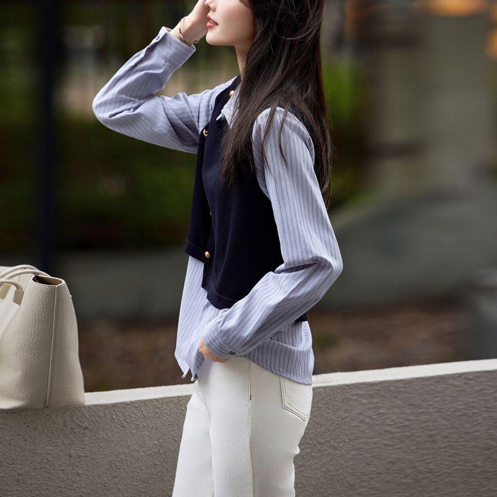 Neues gestreiftes Langarmshirt für Damen im College-Stil, lockere, schlankmachende Fake-Zweiteiler-Oberteile für Frühling und Herbst