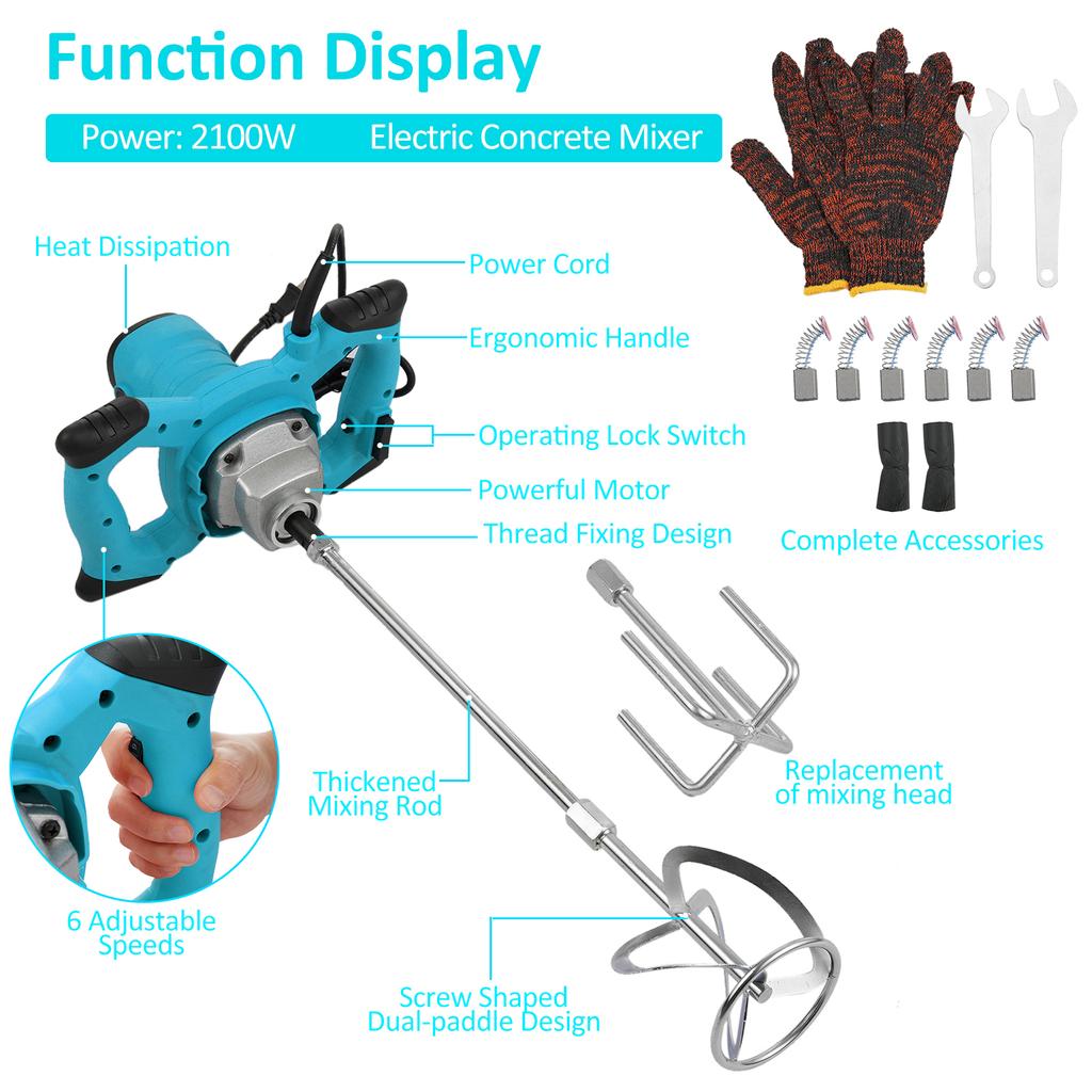 2100W Highpower Industrial Electric Mixer Mixing Drill 6Speed Control Paint Cement Coating Mixer