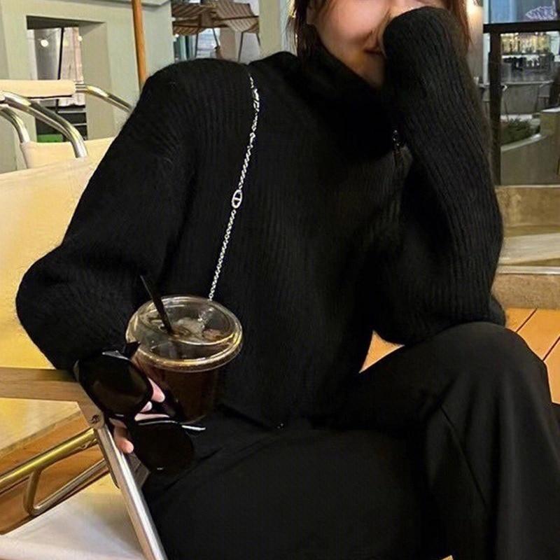 

Осень-зима, однотонный свободный кардиган, модная водолазка на молнии, короткий свитер, куртка, повседневные вязаные джемперы с длинными рукавами, топы 28644 One Size чёрный