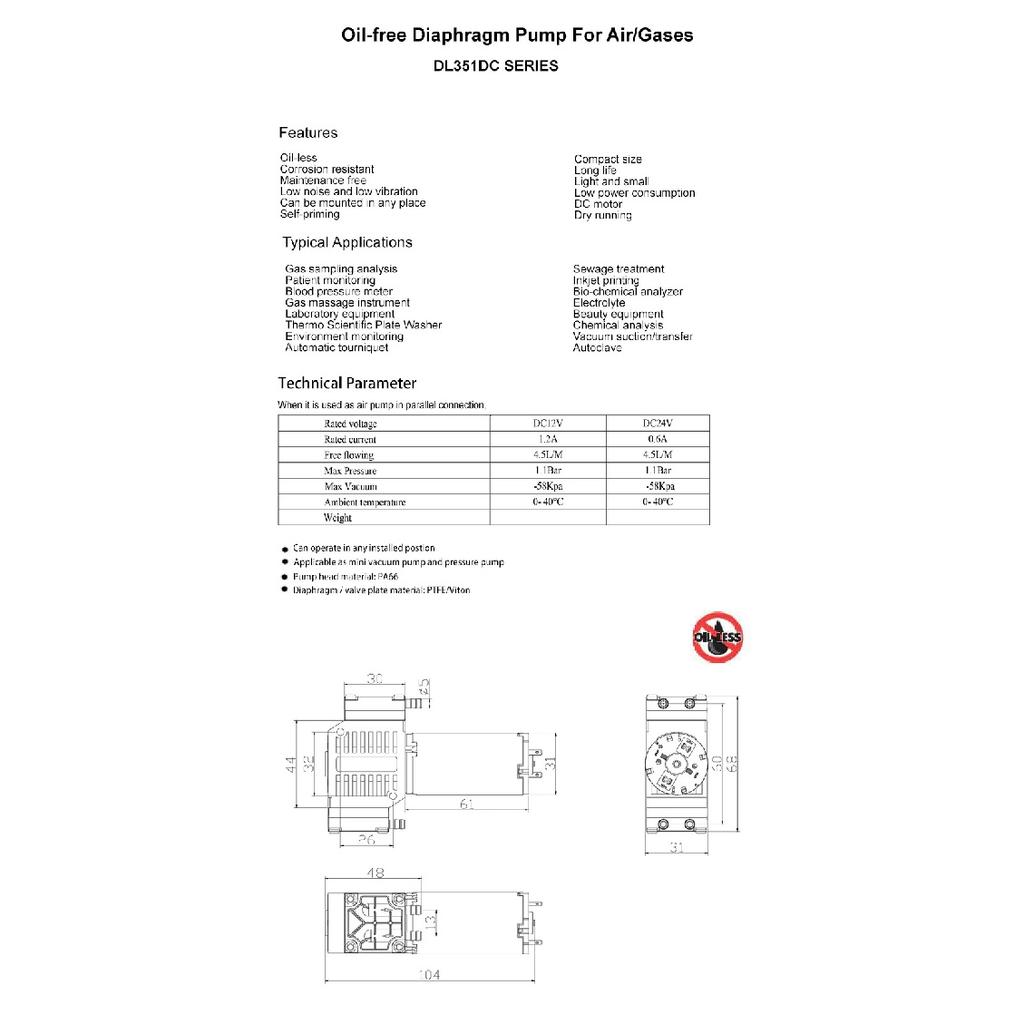 -58kPa 1.1bar 4.5L/m Oil-free Diaphragm Pumps for Gases/air Micro Vacuum Pumps Mini Gas Pumps DC12V/24V