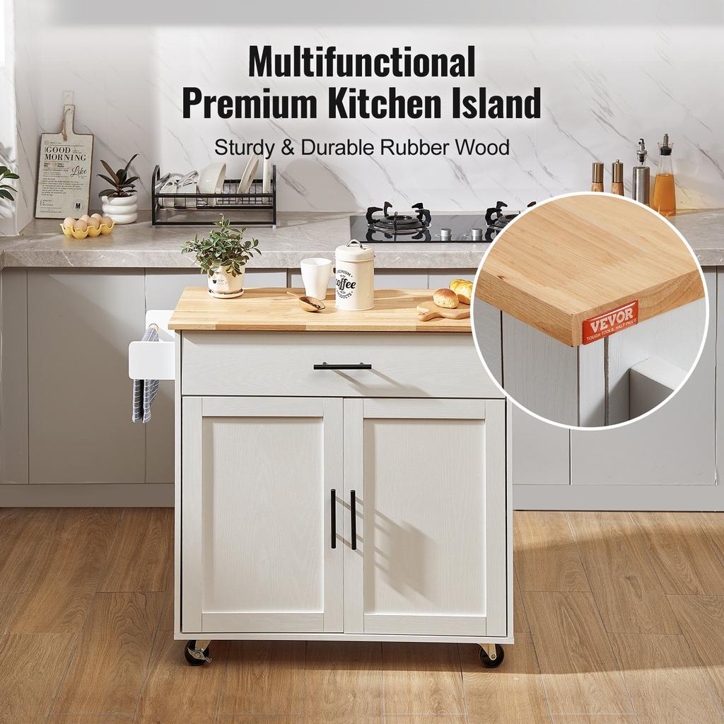 VEVOR Kitchen Island Cart with Solid Wood Top, 90 cm Width Mobile Carts with Storage Cabinet, Rolling Kitchen Table with Spice Rack, Towel Rack