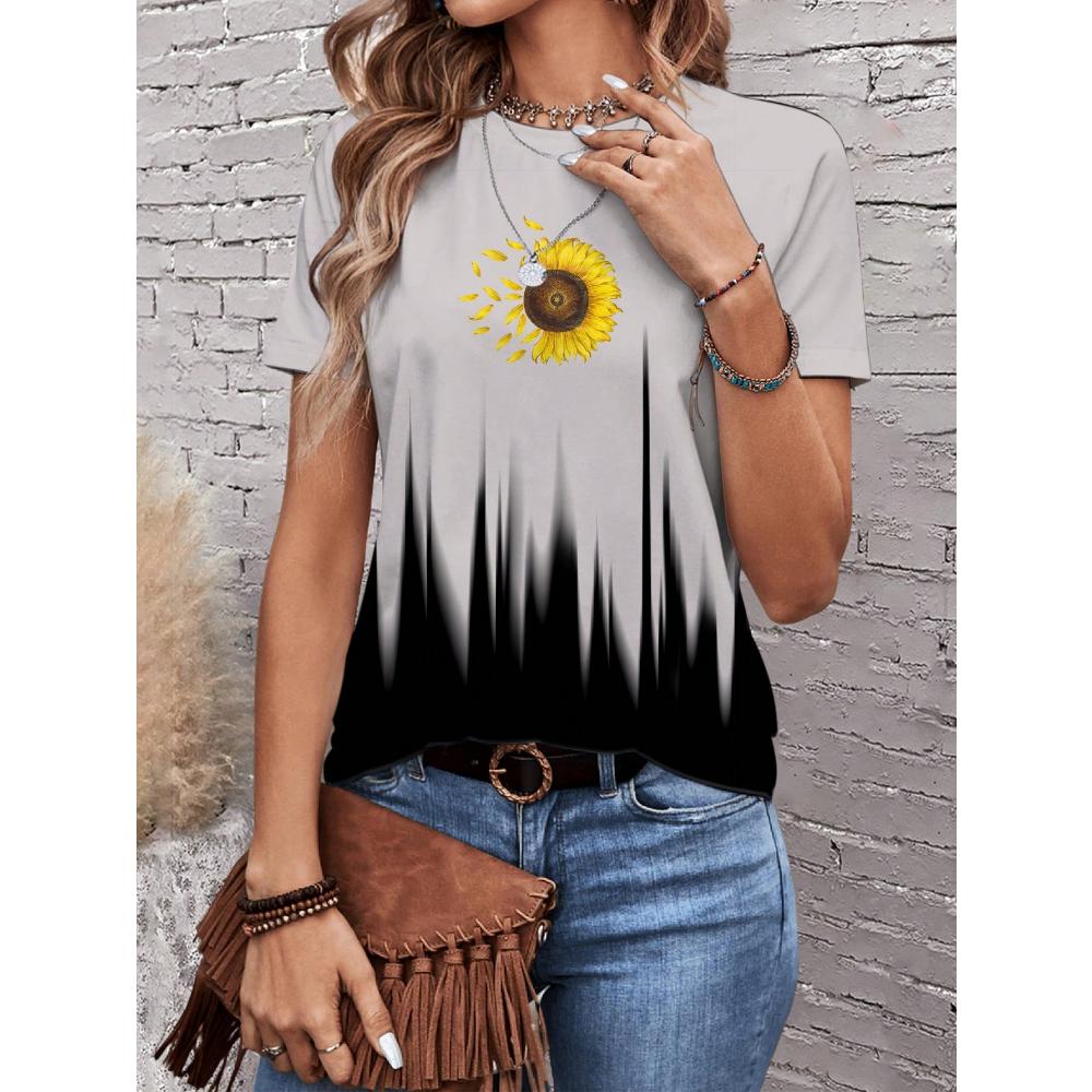 Casual And Simple Sunflower Tie Dye Printed Round Neck Short Sleeve Women's T-Shirt, Suitable For Summer