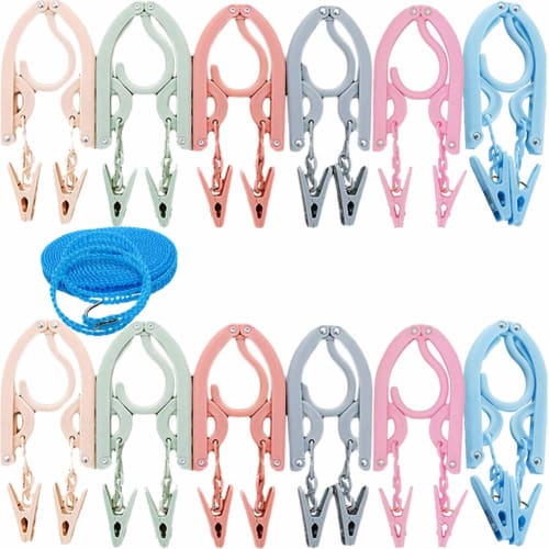 YOUOWO Travel Hangers, Portable 12-Piece Set with 1 Clothesline, Foldable Travel Hanger Set for Travel, Business Trips, and More, Convenient and Light