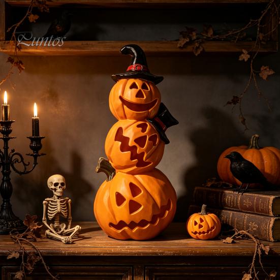LED Pumpkin Light Halloween Spooky Lighted Figurine, Up Stacking Statue with Warm Decor Witch Hat for Home, Office, Haunt House, Indoor Outdoor Table