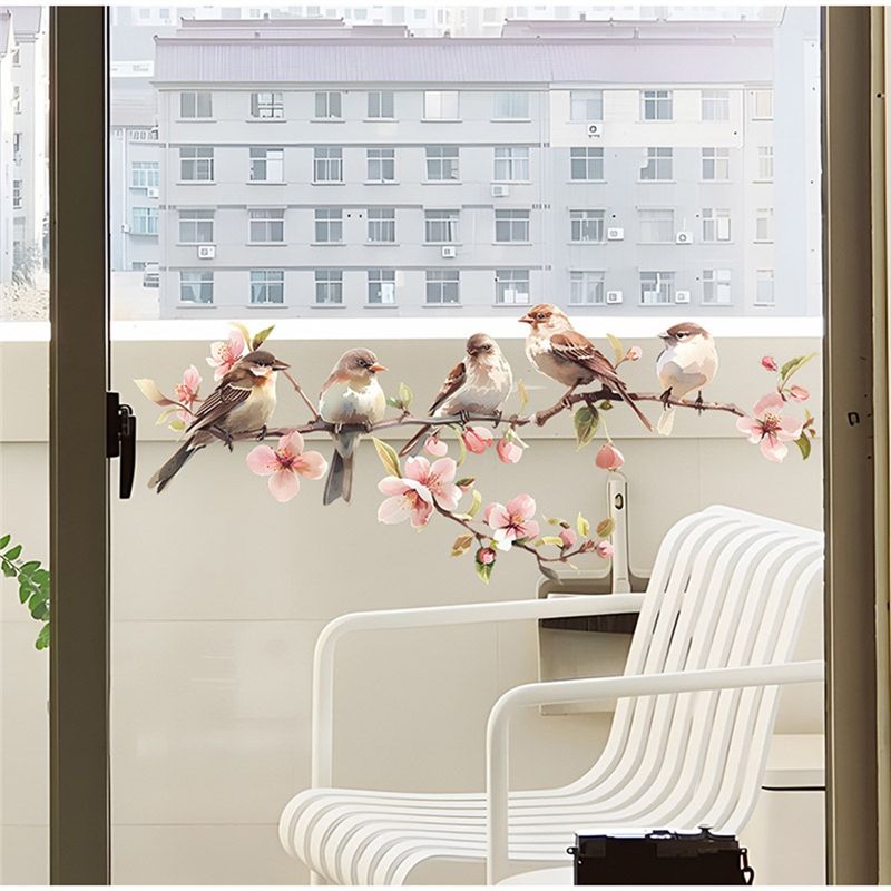 Good-60X25cm Flowers Branches Birds PVC Window Stickers Glass Self Adhesive Wall Sticker Home Bedroom Living Room Decoration