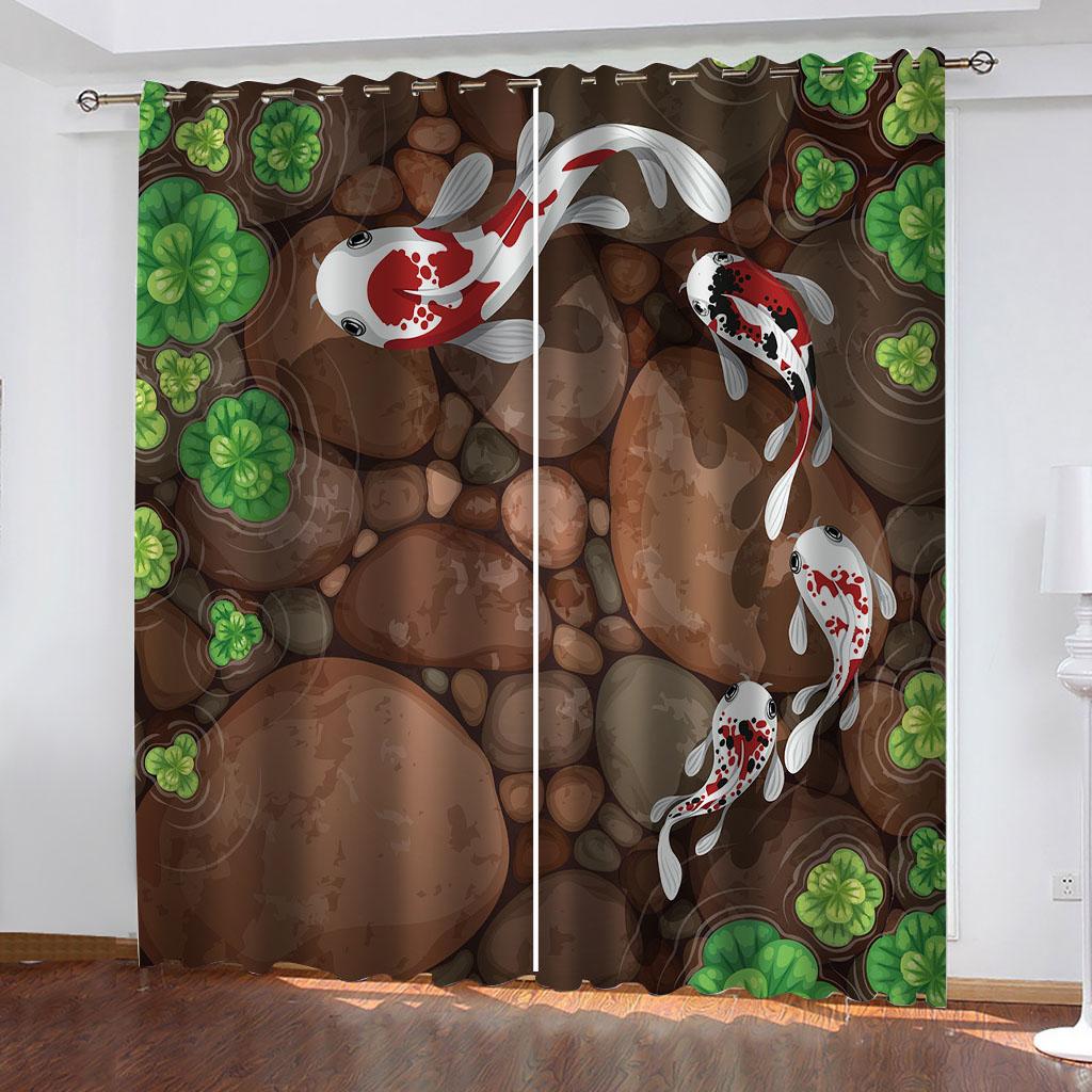 Vintage Curtain 3D Plants Lotus Leaves Lotus Flowers Animals Carp Window Curtains For Living Room Bedroom Decor 2 Pieces