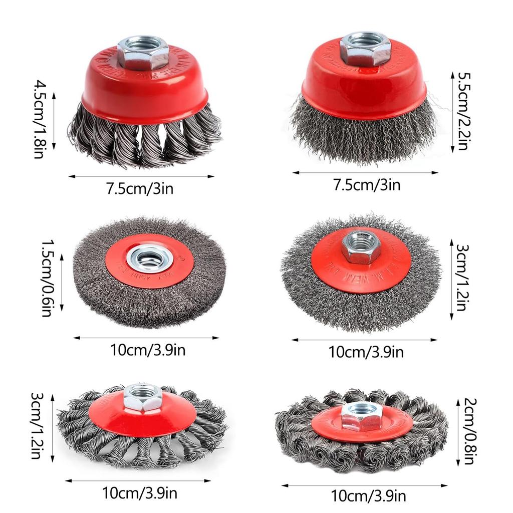 Set of 6 Hexagonal Wire Brush Set for Rust Removal and Paint Includes Impact Drivers with and End Wire M14 Hex Stripping. Cup, Wheel, Options, Shank.