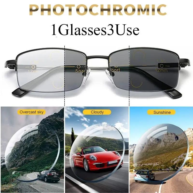 Photochromic Reading Glasses Titanium Alloy Frame Sun Glasses Men Presbyopia Glasses for Both Near and Far Use+100 To +400