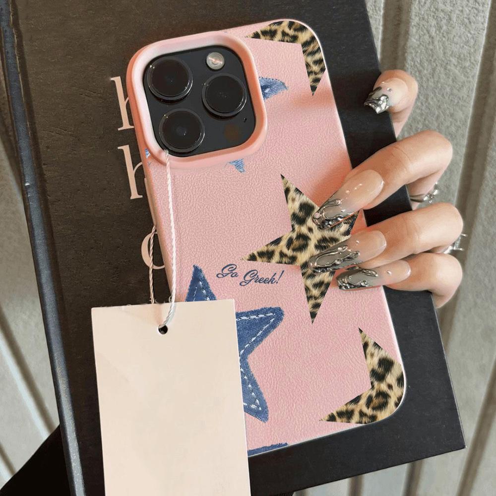 HOT Trendy Leopard Print Stars Lichee Leather Pattern Phone Case For iPhone 17 16e 16 15 14 13 12 11 Air Pro Max Plus X XR XSMax