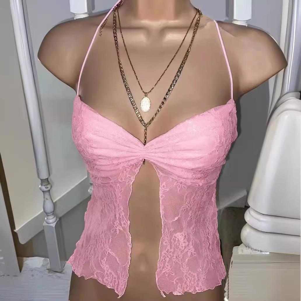 

Кружевной плиссированный топ-халтер S розовый