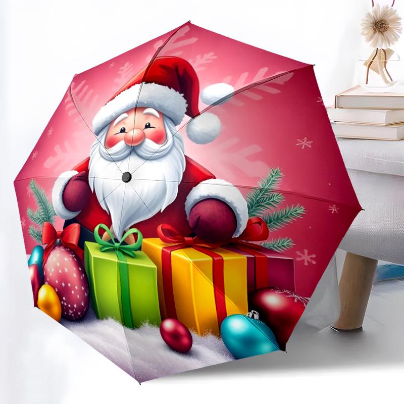 1pc Sturdy 8-Bone Auto Umbrella, Santa Claus Umbrella, Digital Printed, Foldable Umbrella for On-the-Go Outdoor Use