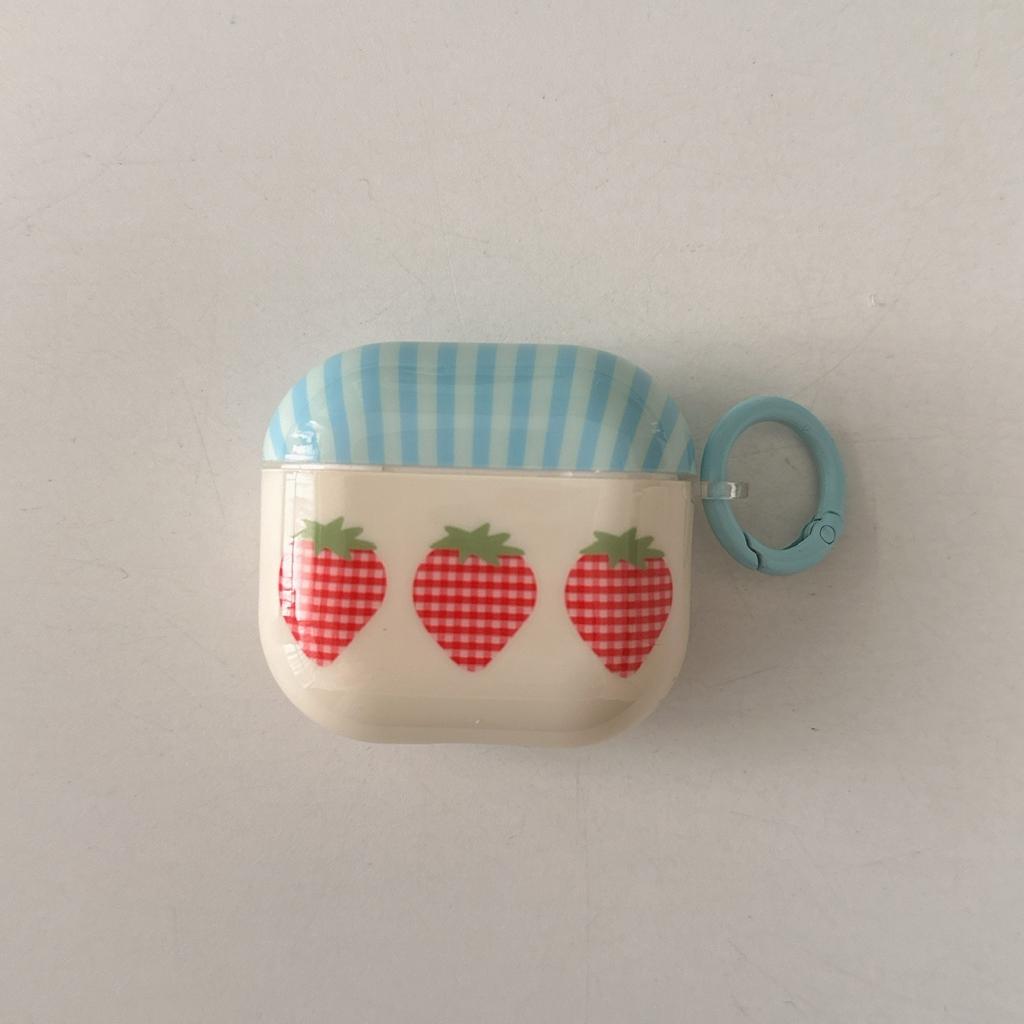 Blue Stripe Cute Plaid Pattern Three Strawberries With Charm Pendant Earphone Case Cover for AirPods 1 or 2 3 4 Pro 2 Pro 3