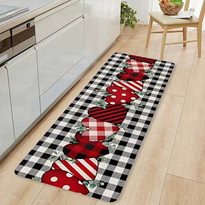Heart Grid Print Kitchen Mat - Love Pattern Non-Slip Floor Carpet for Living Room Hallway Home Game Room Easy Clean Fashionable