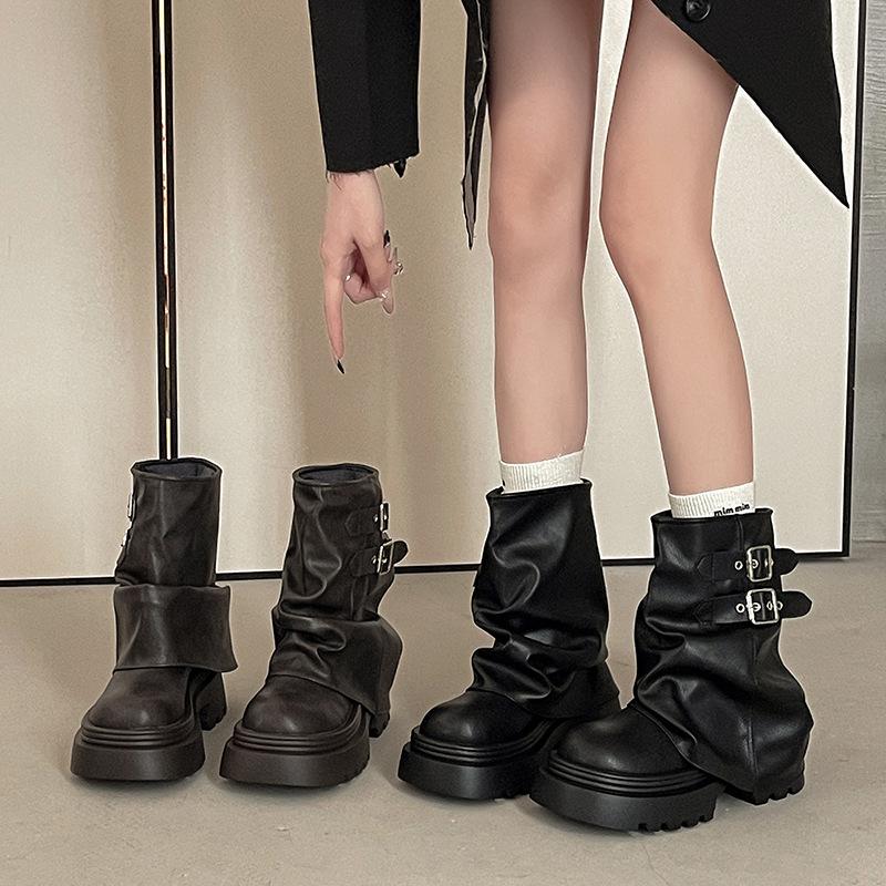 Nisje retro britisk stil spenne plattform korte Martin-støvletter dame 2025 høst og vinter nye tynne svarte lokomotivstøvletter
