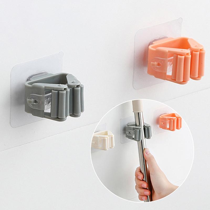 4Pcs Wall Mounted Plastic Hanging Mop Storage Rack Punch-Free Clip Hook Space Saving For Broom And Mop Storage