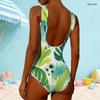 Women Plus Size High Round Neck Sleeveless Tropical Leaf Printed One Piece Swimsuit
